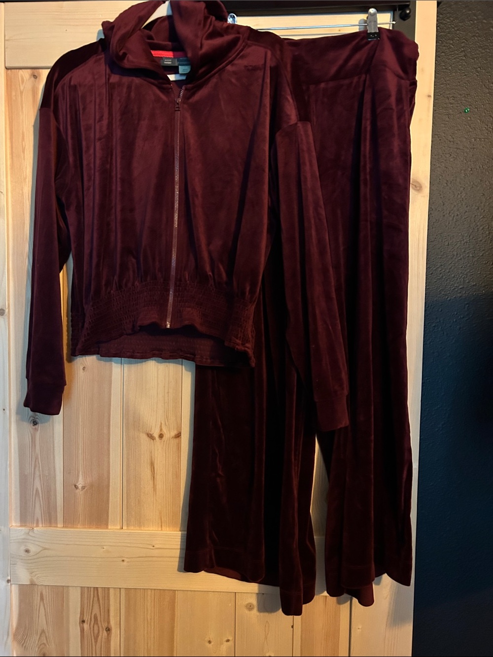 Anthropologie Burgundy Velour Wide-Leg Pants with Matching Zip Hoodie